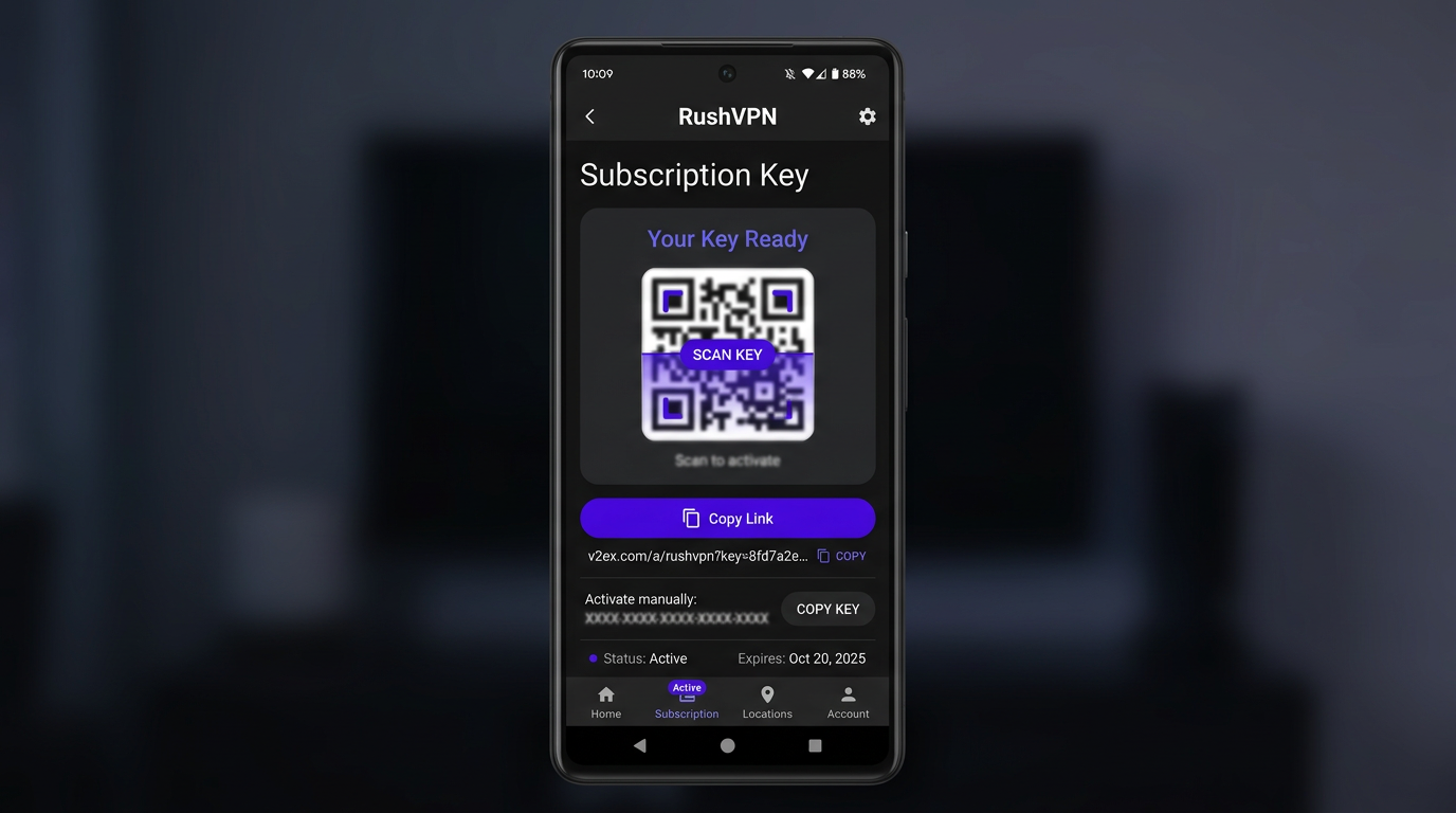 صفحه نمایش با کلید اشتراک و QR پس از پرداخت (تصویر، بدون داده واقعی).