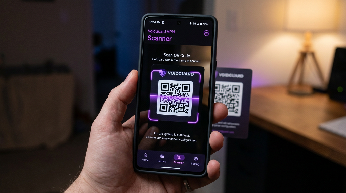 یک گوشی هوشمند اندرویدی با صفحه اسکن QR و یک سرویس گیرنده VPN مرتب در یک تم تیره.