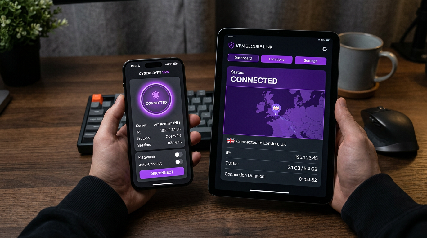 iPhone و iPad با همان سبک رابط مشتری VPN، بدون آرم خدمات شخص ثالث.