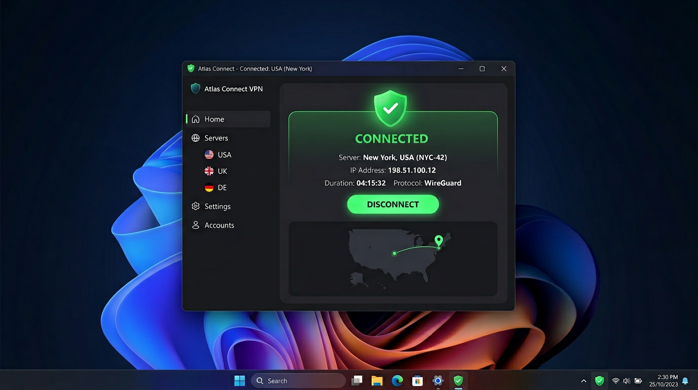 Windows 11 桌面,窗口中带有 VPN 客户端,系统托盘“已连接”。