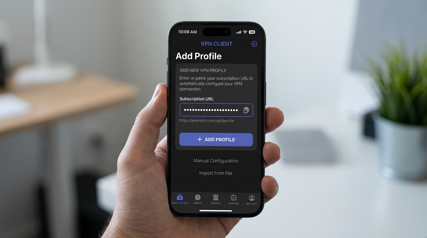 صفحه نمایش برای افزودن نمایه از طریق URL اشتراک (تصویر).