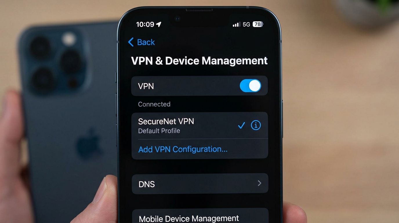 تنظیمات iOS: VPN فعال، نمایه فعال (تصویر).