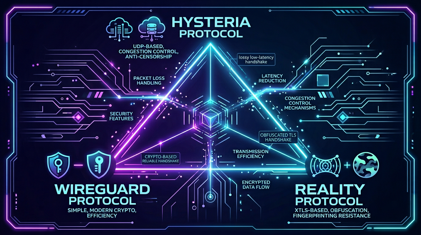 диаграмма Reality, Hysteria 2 и WireGuard — стиль HiddifySales, нейтральная палитра.