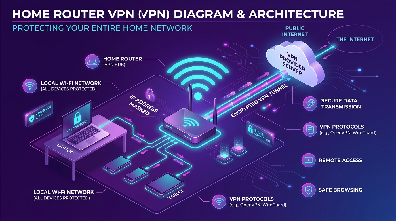 диаграмма VPN на домашнем роутере — стиль HiddifySales, нейтральная палитра.