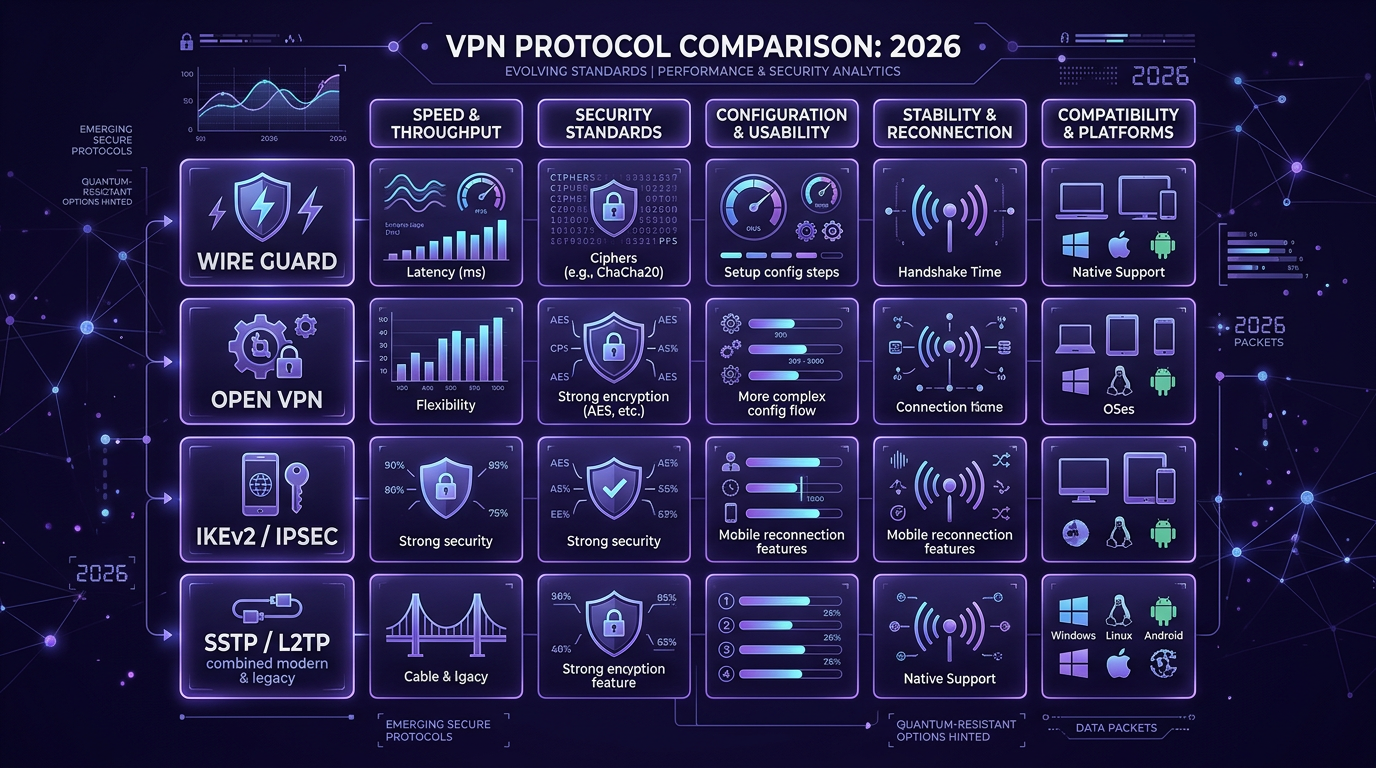 диаграмма протоколы VPN 2026 — стиль HiddifySales, нейтральная палитра.